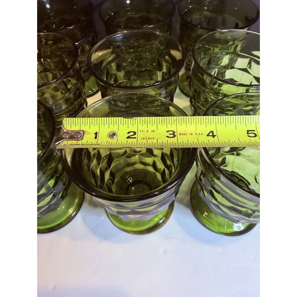 Vtg Indiana Glass Whitehall Cubist Olive Green Set of 12 Pedestal Water Goblets